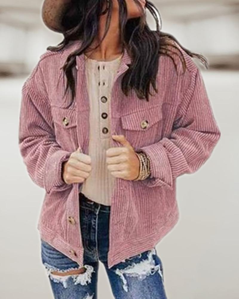 

Pocket Button Design Long Sleeve Corduroy Shacket, Pink
