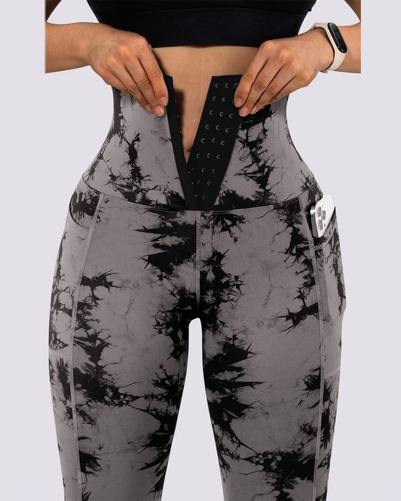 

Tie Dye Print Tummy Control Butt Lifting Pocket Design Yoga Pants, Gray