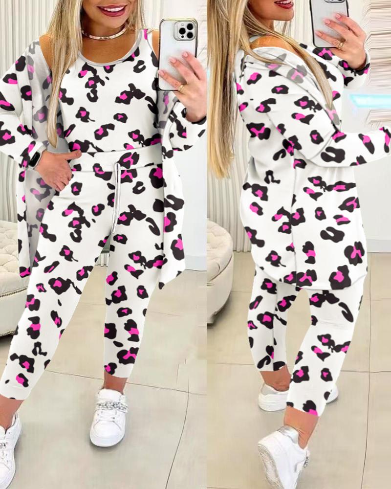 

Plus Size Pink Leopard Print Tank Top & Drawstring Pants Set With Coat, Beige