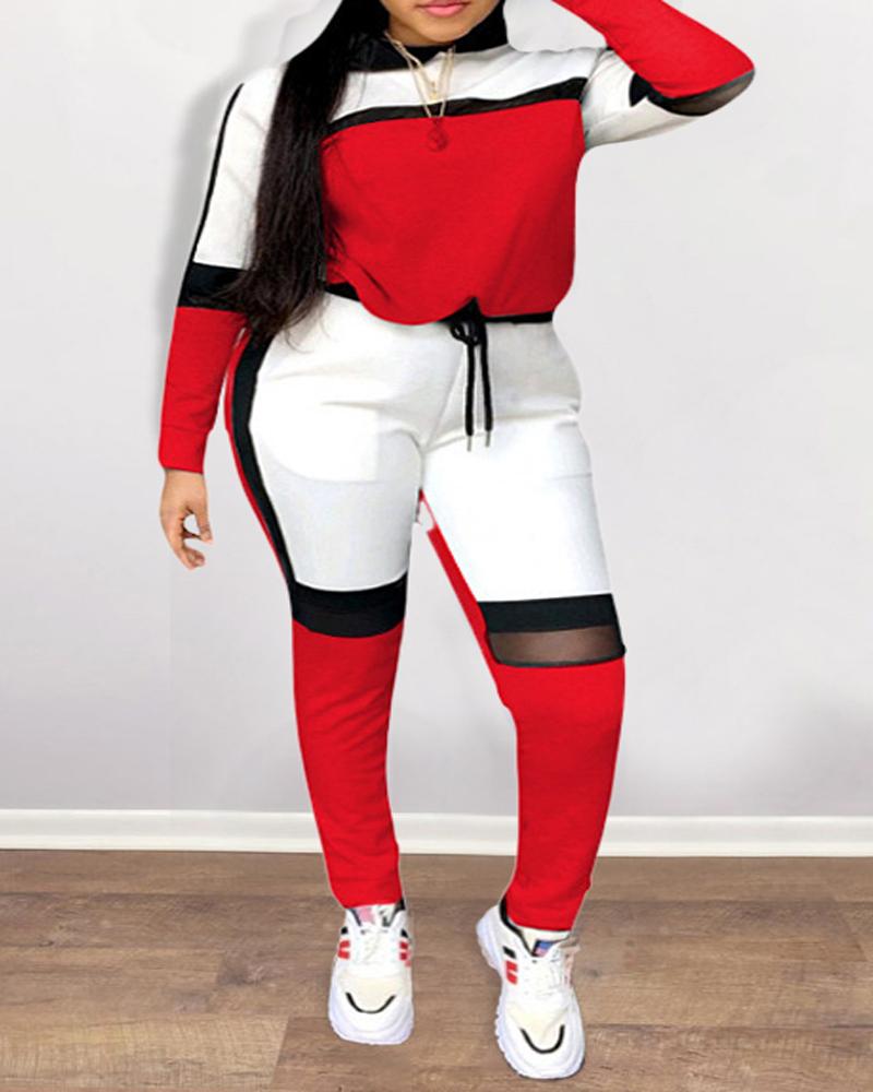 

Plus Size Colorblock Contrast Mesh Long Sleeve Top & Pants Set, Red