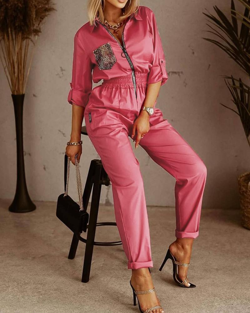 

Colorblock Zipper Long Sleeve Shirred Jumpsuit, Hot pink