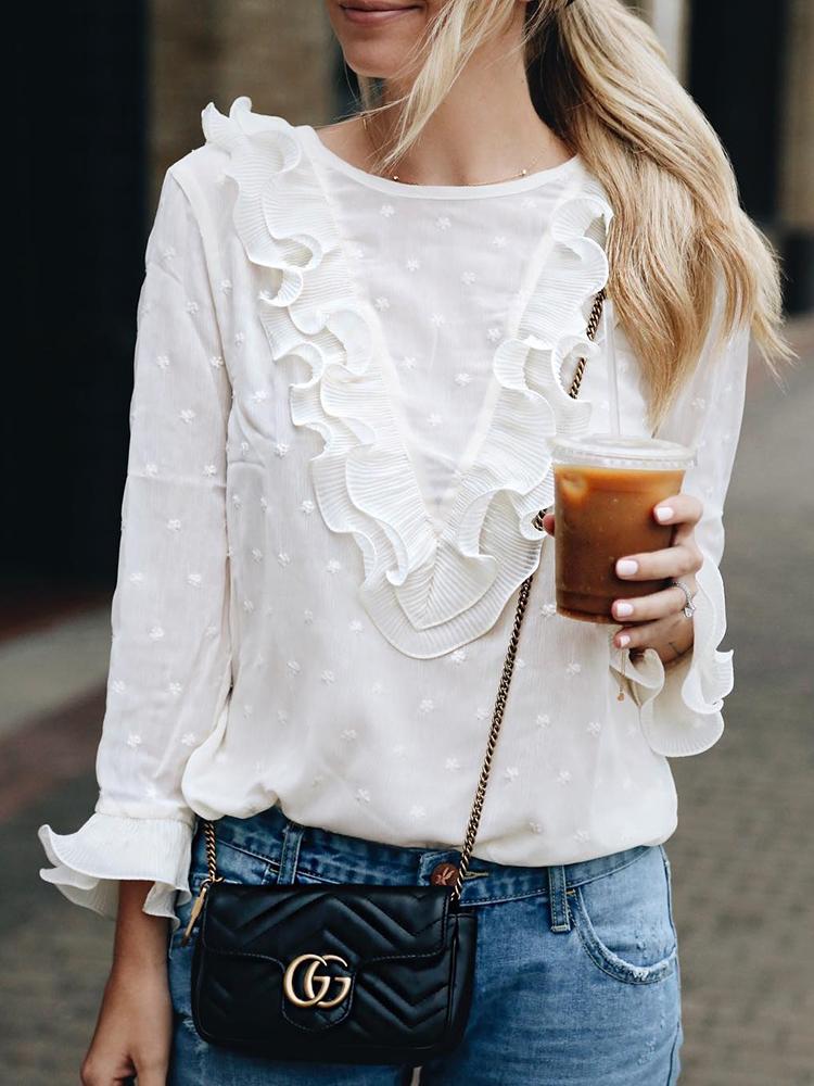 

Lace Ruffles Flare Sleeve Casual Blouse, White