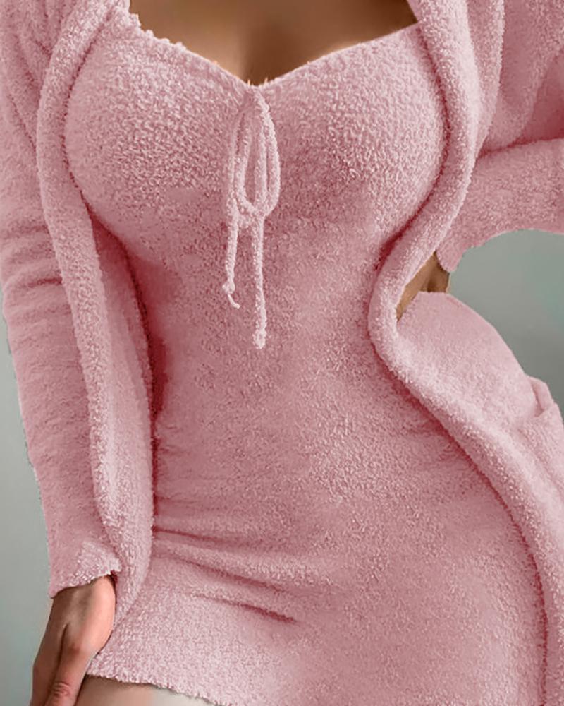 

Tie Front Fluffy Lounge Dress Without Cardigan, Pink