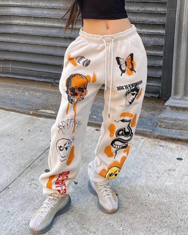 

Letter Graphic Print Drawstring Casual Pants, Apricot