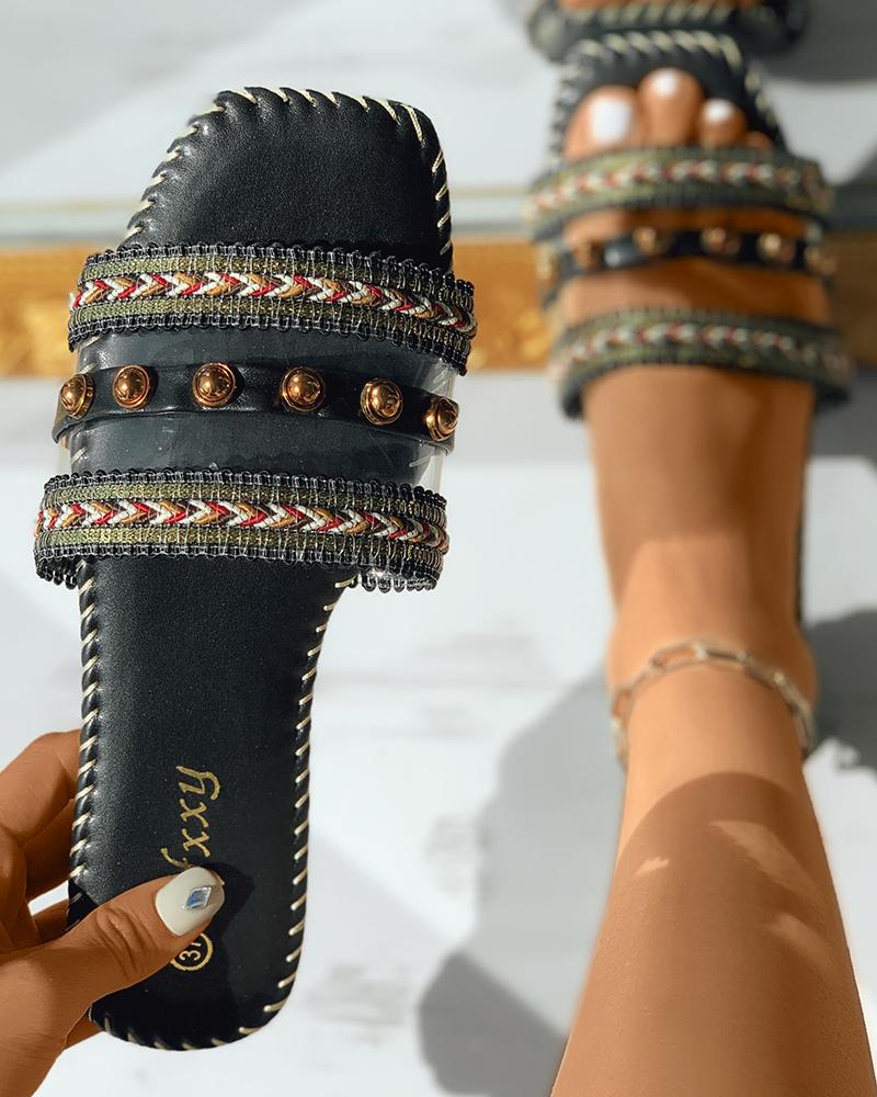 

Chevron Embroidery Studded Square Toe Slipper, Black