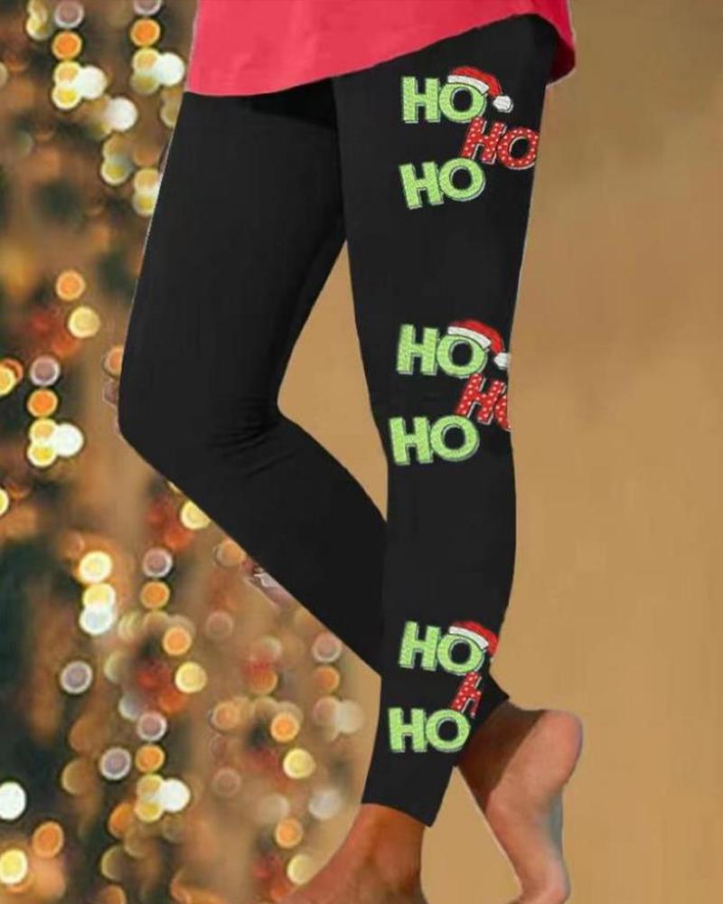 

Christmas Santa Hat Letter Print Leggings, Black
