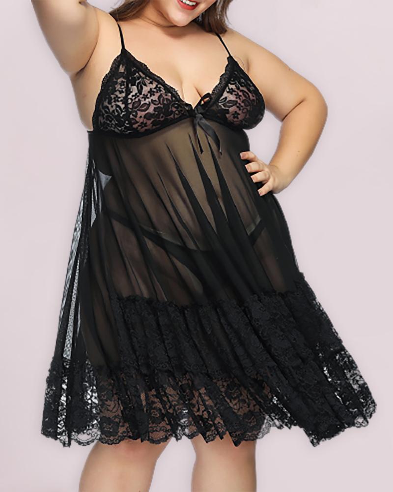 

Plus Size Sheer Mesh Lace Bowknot Decor Babydoll, Black