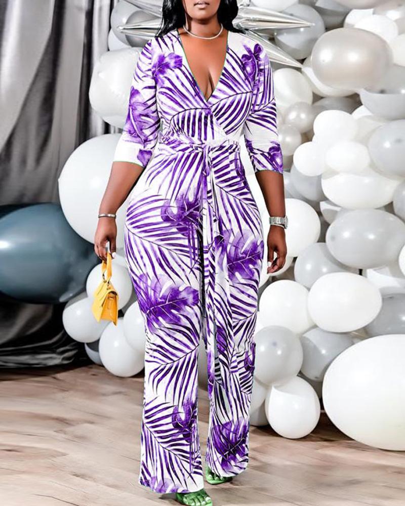 

Plus Size Tropical Print Long Sleeve Jumpsuit, Purple