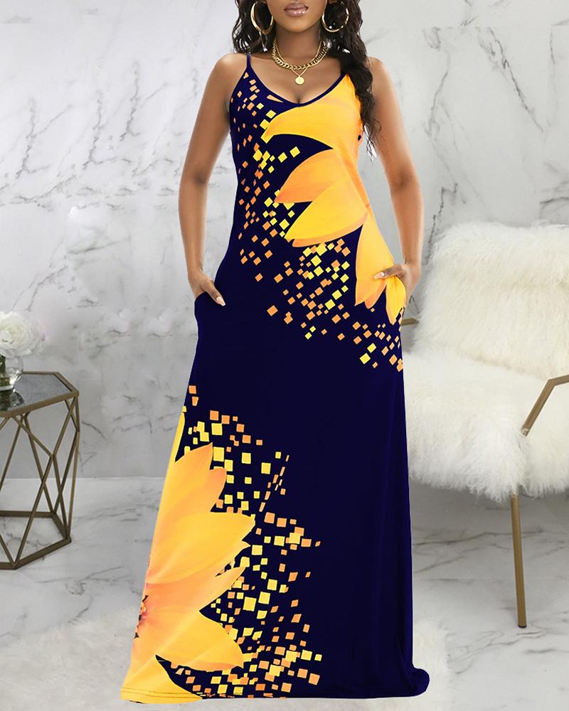

Sunflower Print Pocket Design Cami Maxi Dress, Dark blue
