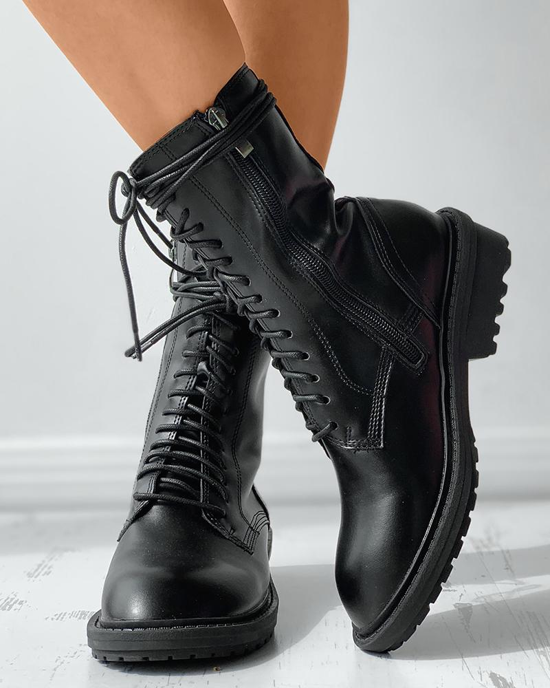 

Zipper Design Lace-up Boots, Black