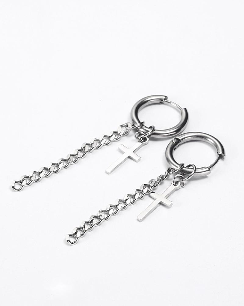 

Hip-hop Titanium Steel Ear Buckle Splicing Cross & Chain Earring, Silver