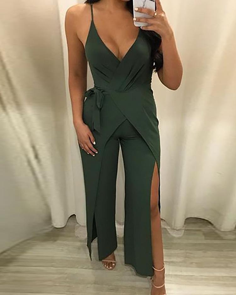 

Spaghetti Strap Wrap Deep V Belted Slit Jumpsuit, Green
