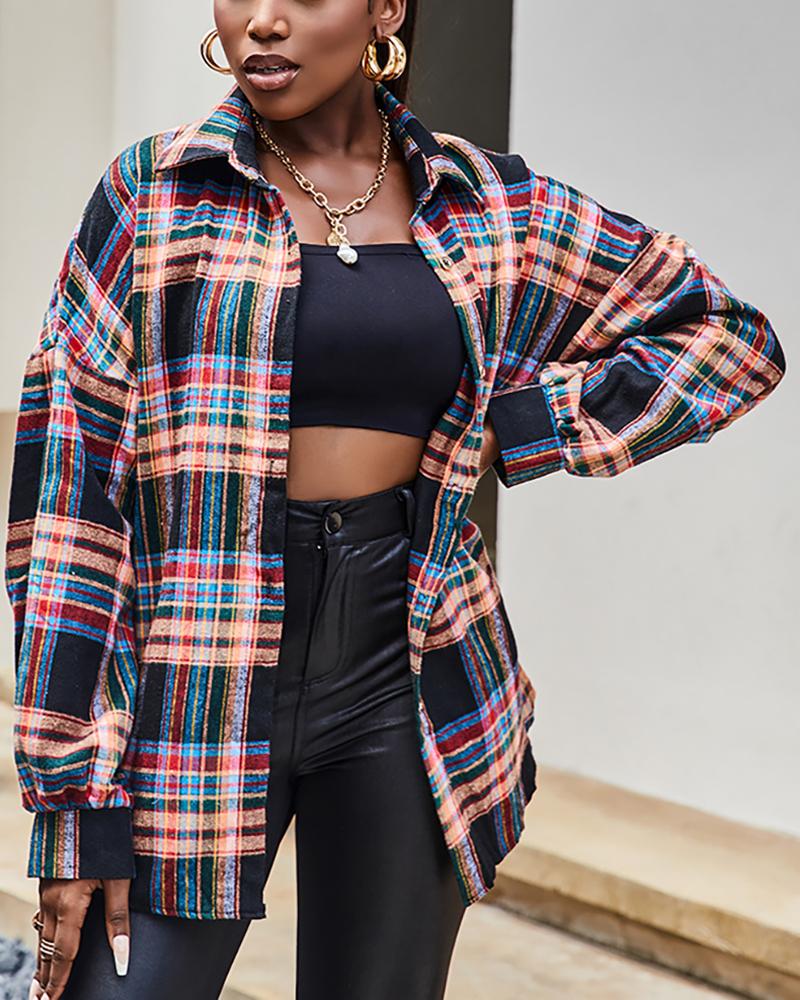 

Plaid Print Long Sleeve Button Down Shacket, Multicolor