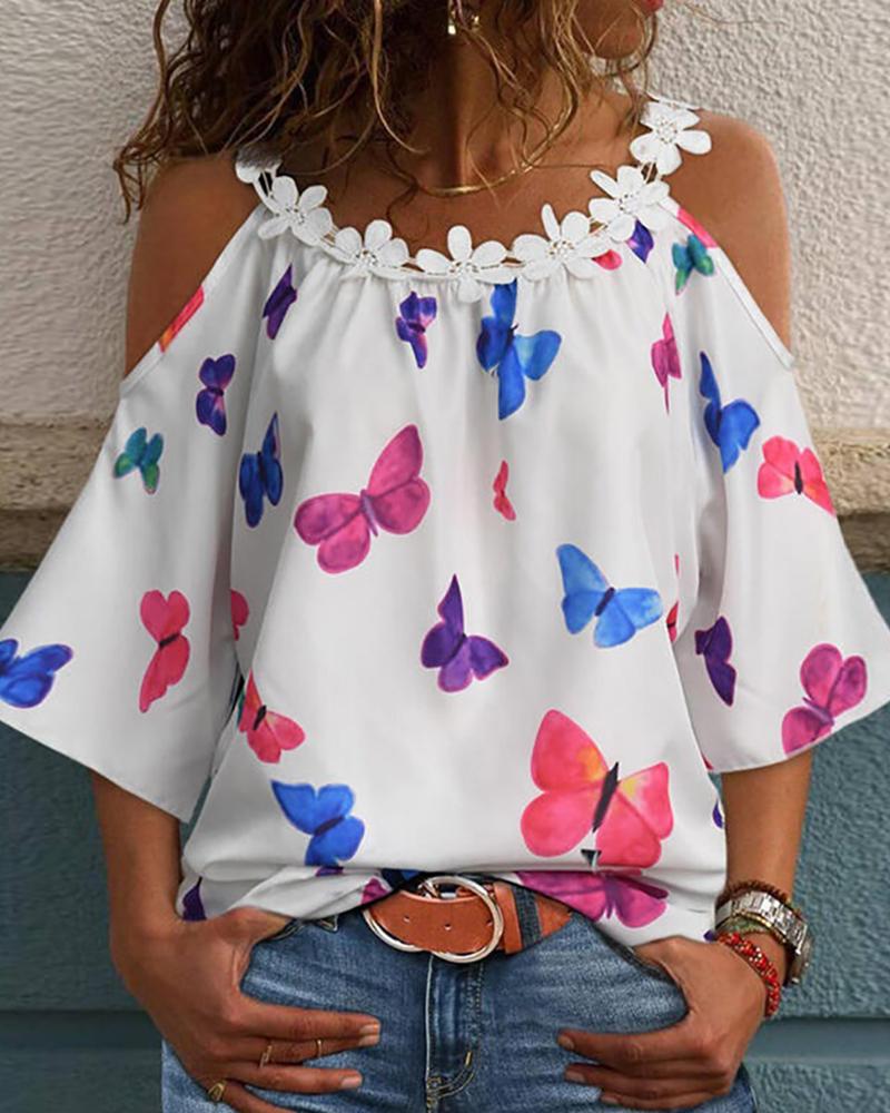 

Floral Applique Butterfly Print Cold Shoulder Top, White