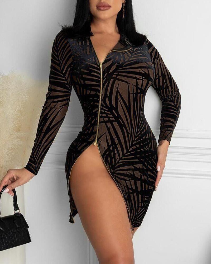 

Leaves Print Zipper Up Long Sleeve Bodycon Dress, Black