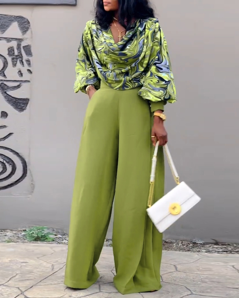 

Conjunto de 2 peças com estampa abstrata, gola alta, manga lanterna, blusa solta e calça casual com fenda franzida e perna larga, Green