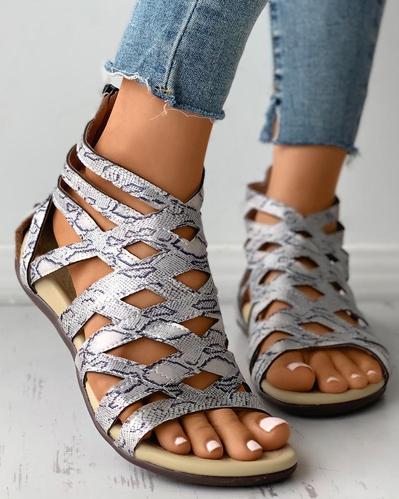 

Snakeskin Pattern Print Open Toe Cutout Flat Sandals