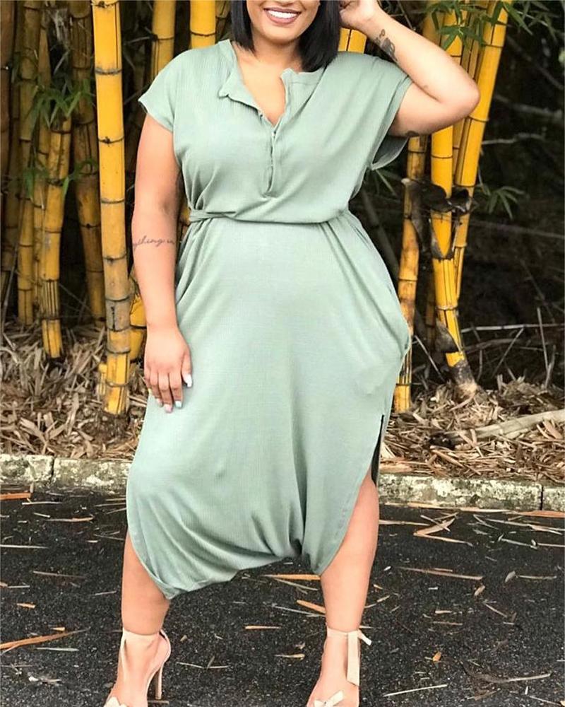 

Plus Size Cap Sleeve Buttoned Harem Jumpsuit, Green