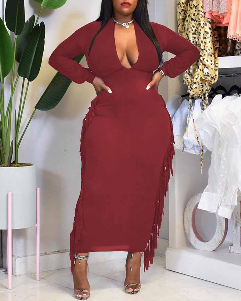 

Plus Size Long Sleeve Plunge Tassel Design Maxi Dress, Wine red