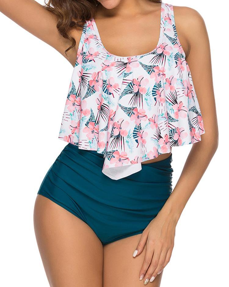 

Print Ruffles Top With Ruched Panty Tankini Set, White