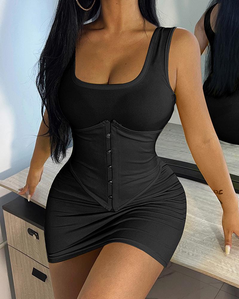 

Plain U-Neck Sleeveless Corset Dress, Black