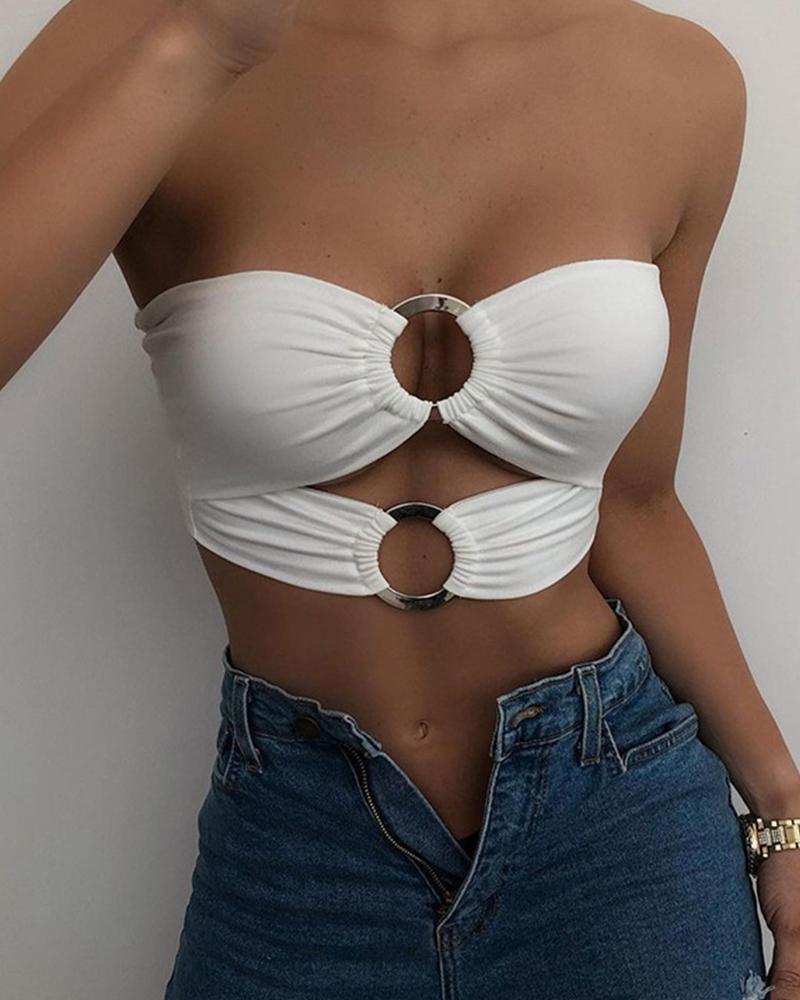 

Off Shoulder Bandeau Hollow-out Crop MIni Tank, White