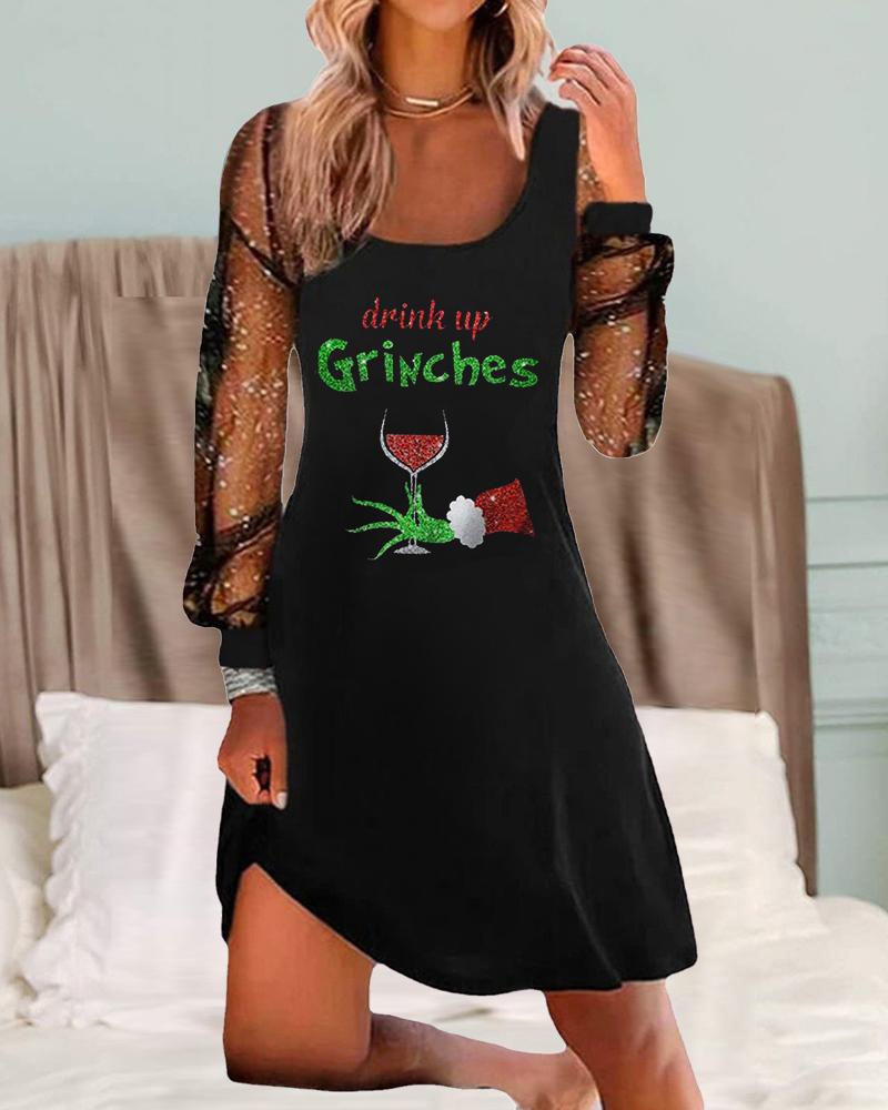 

Christmas Graphic Print Contrast Mesh Casual Dress, Black