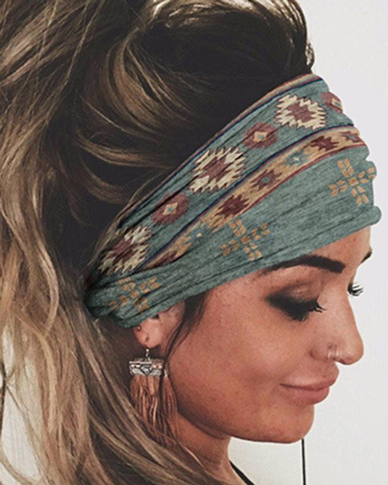 

Aztec Geometric Print Elastic Yoga Sport Wide Headband, Gray