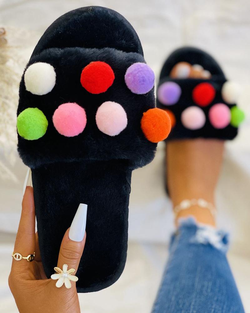 

Colorful Pom Pom Decor Fluffy Slippers, Black