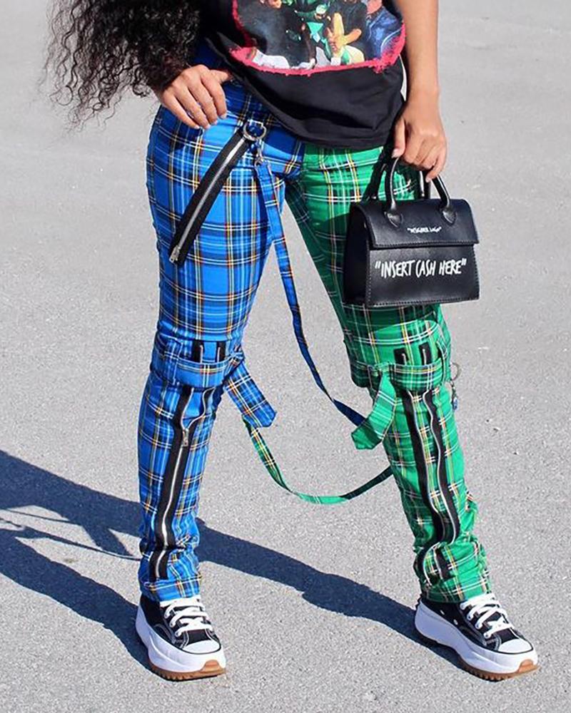 

Plaid Zipper Design Pockets Pants, Blue
