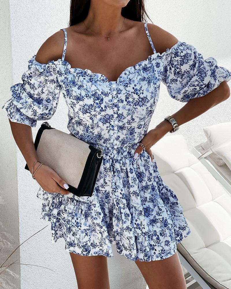 

Floral Print Skinny Waist Ruffle Hem Short Sleeve Mini Dress, Blue