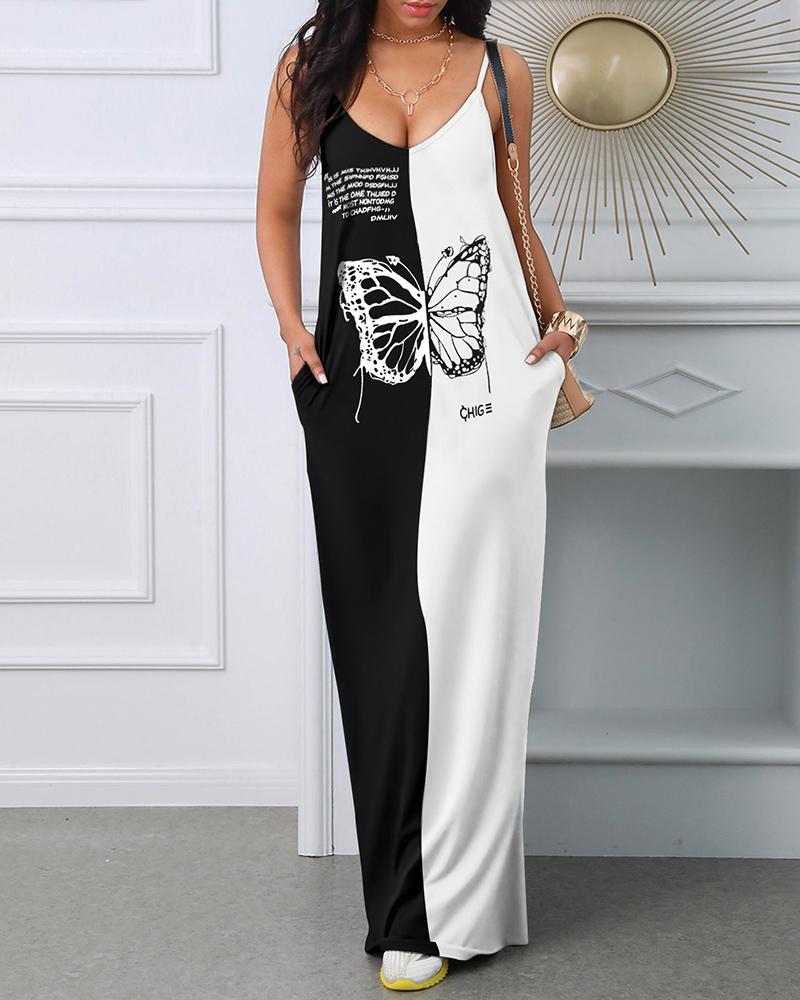 

Butterfly Letter Print Colorblock Maxi Dress, Black