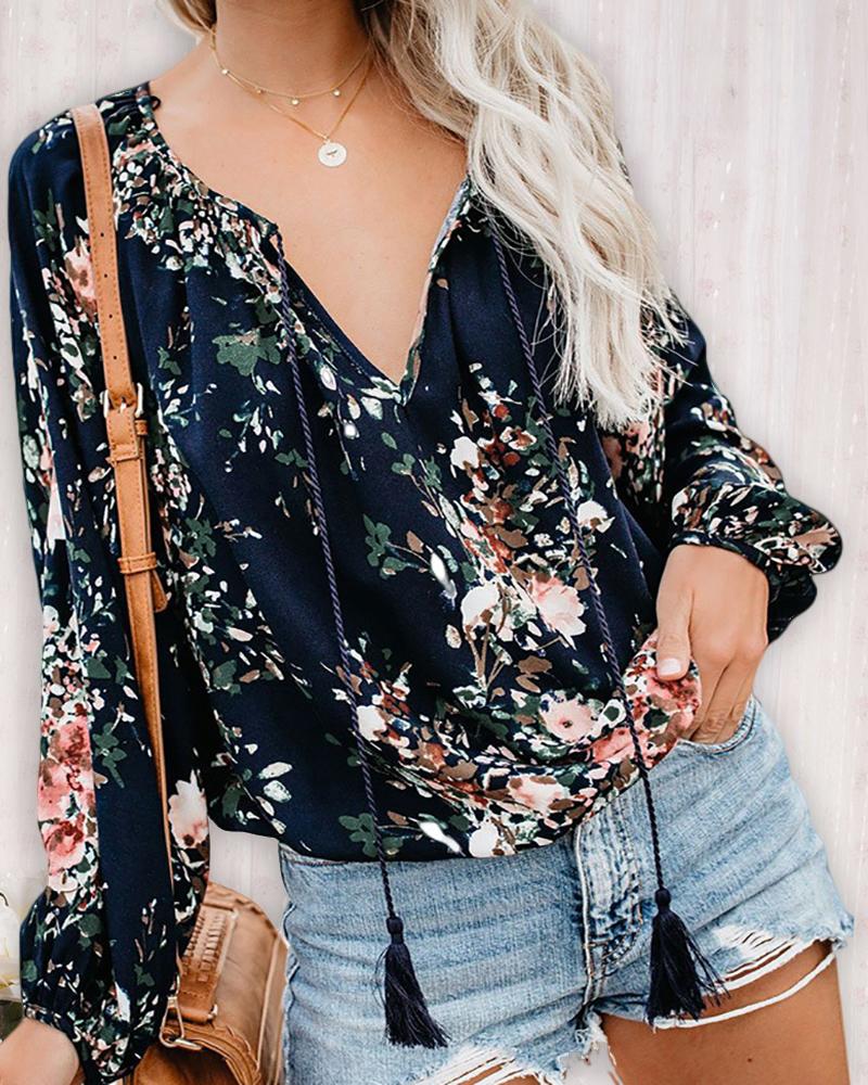 

Floral Print V Neck Casual Shirt, Dark blue
