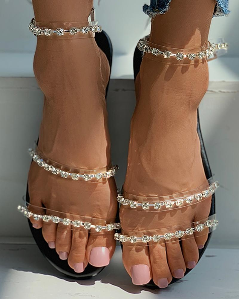

Studded Clear Perspex Open Toe Flat Sandals, Black