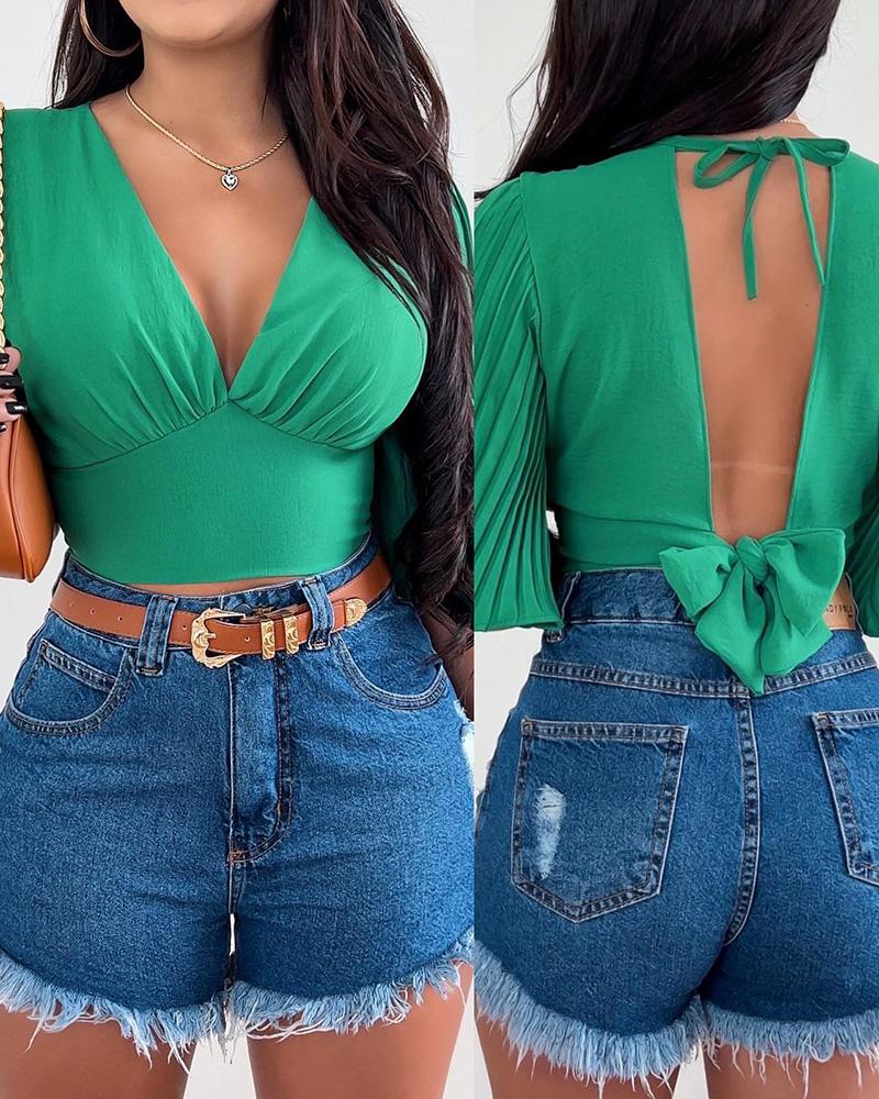 

Ruched Tied Detail Backless Crop Top, Green