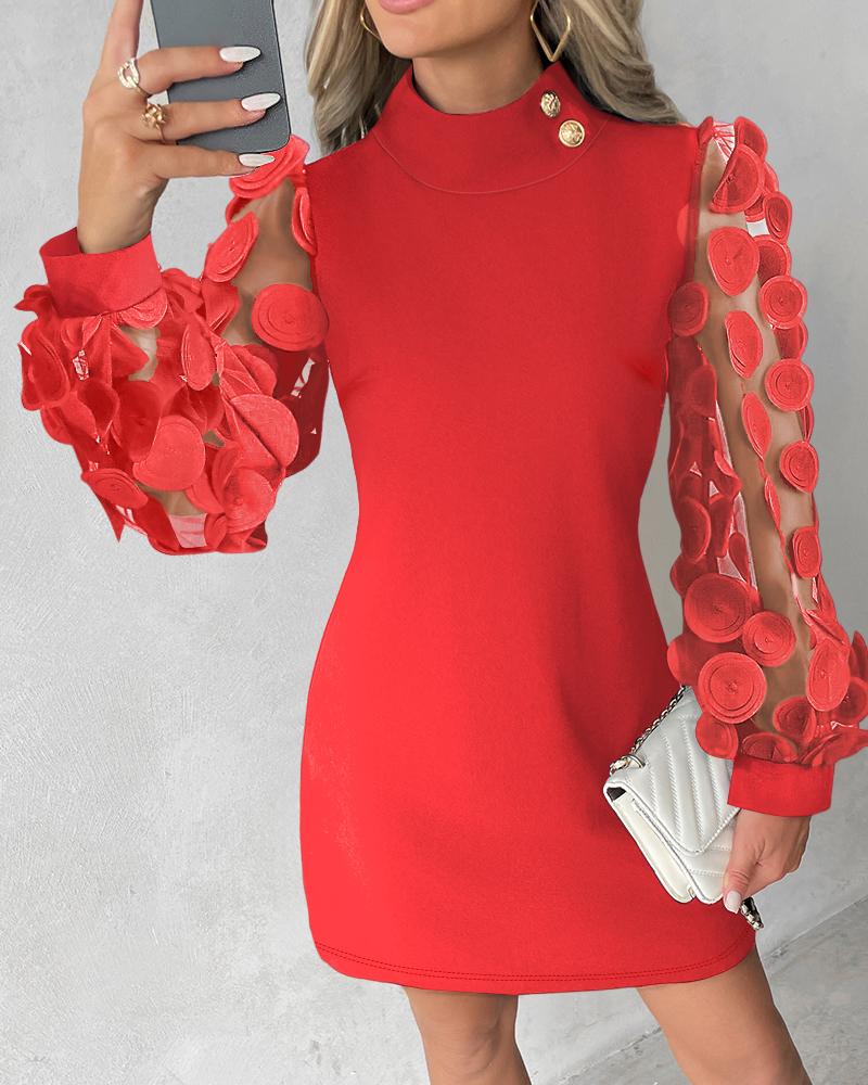 

Vestido casual com estampa floral com patch de malha transparente, Red