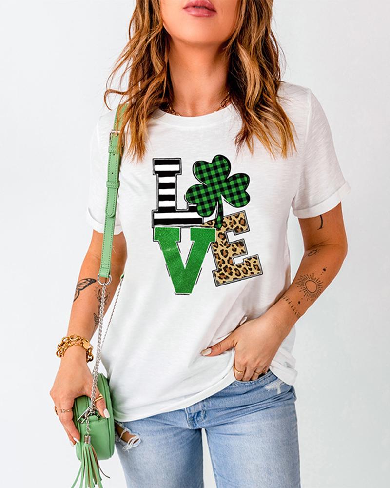 

St. Patrick' Day Letter Clover Print Casual T-shirt, Style2