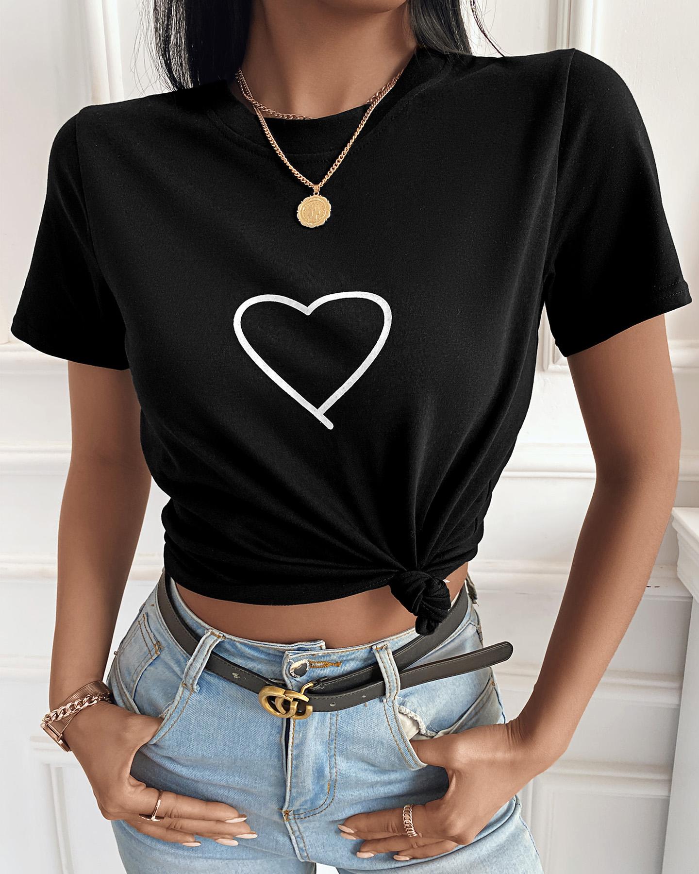 

Heart Print Short Sleeve Casual T-shirt, Black