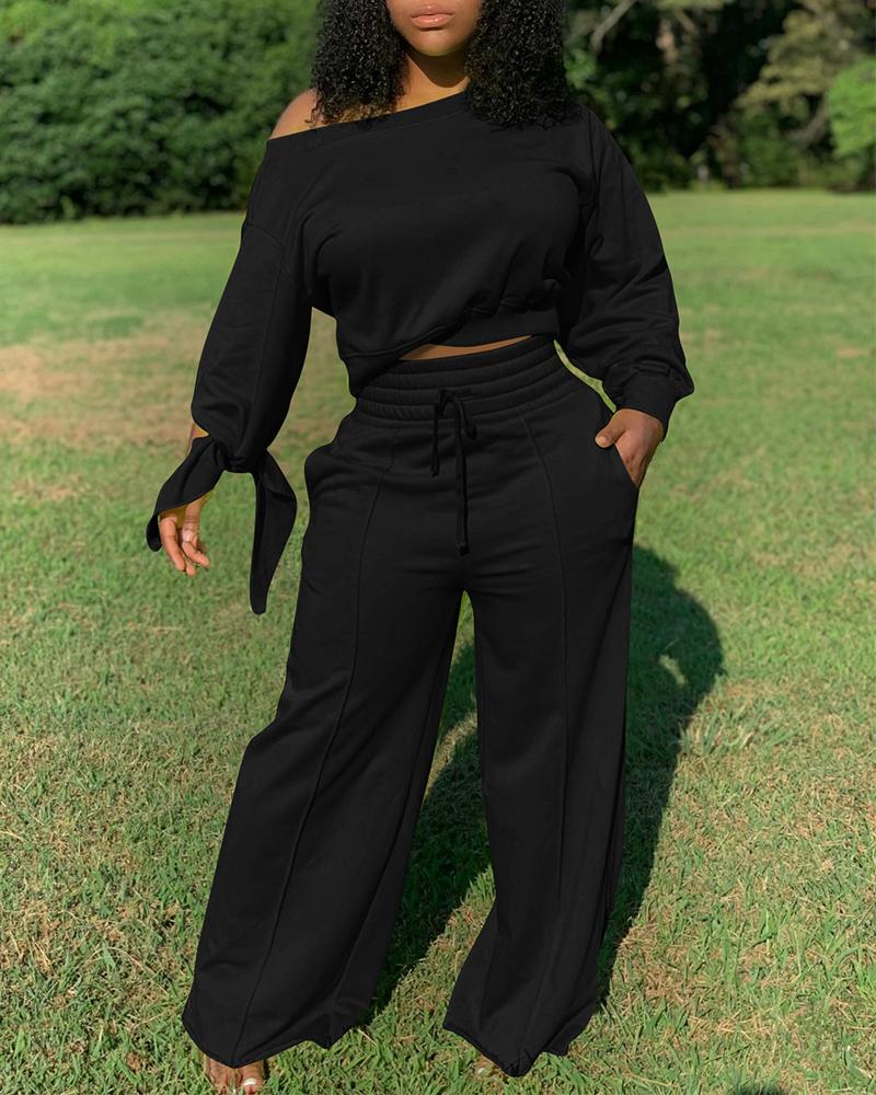 

Lace-Up Back Long Sleeve Top & Drawstring Wide Leg Pants Set, Black