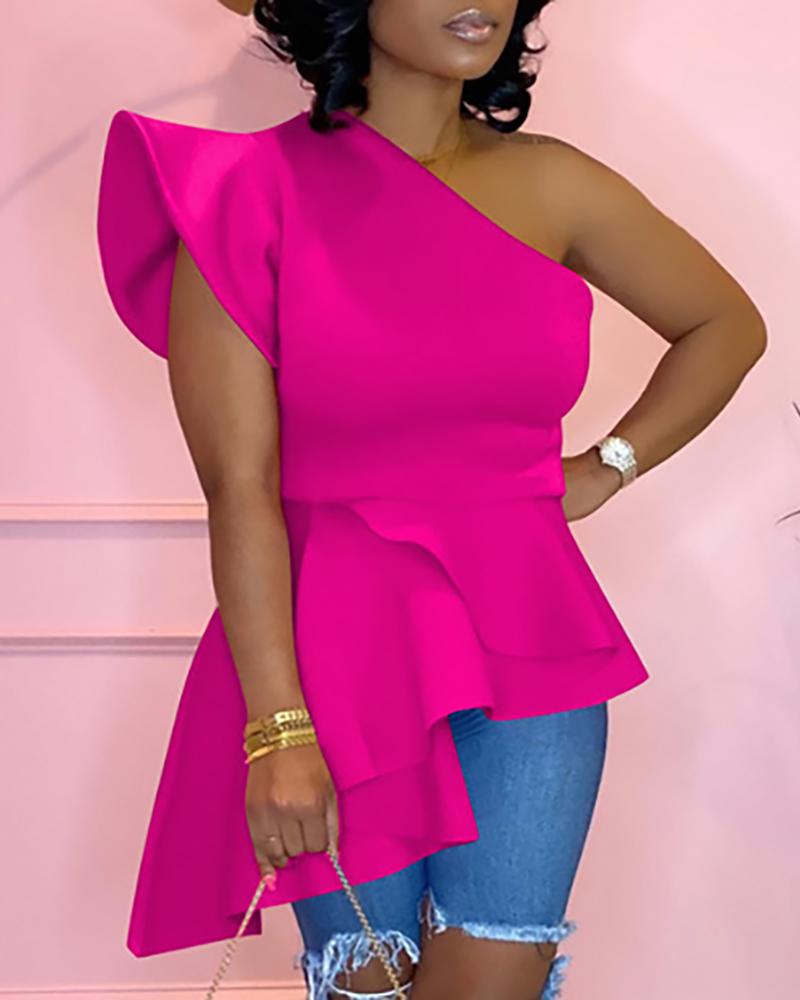 

One Shoulder Ruffles Casual Blouse, Hot pink