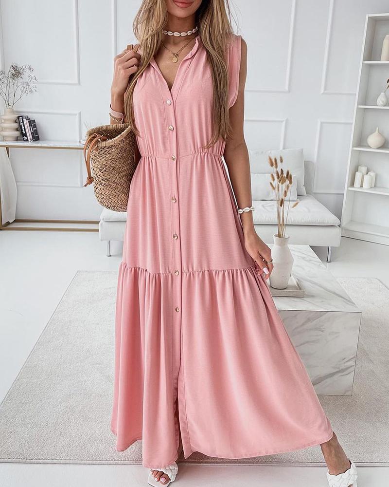 

Button Front Sleeveless Ruched Maxi Dress, Pink