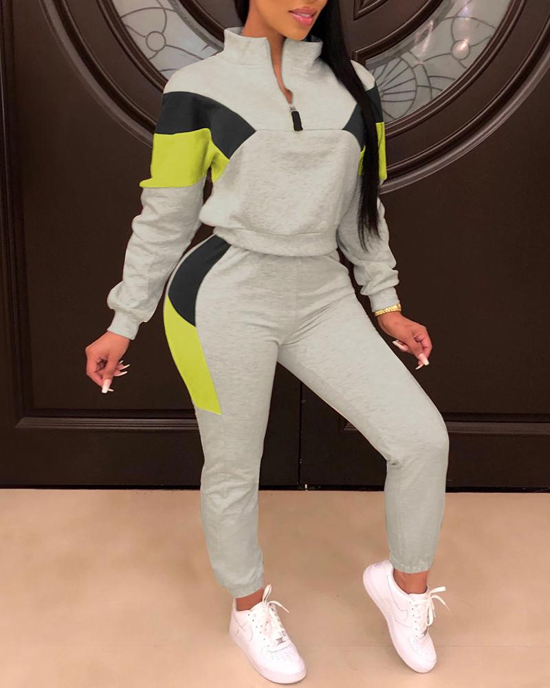 

Colorblock Zip Top & Drawstring Pants Set, Gray