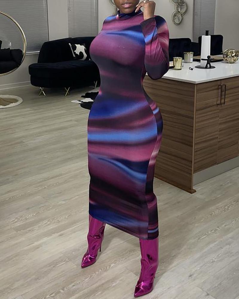 

Tie Dye Print Long Sleeve Bodycon Dress, Purple