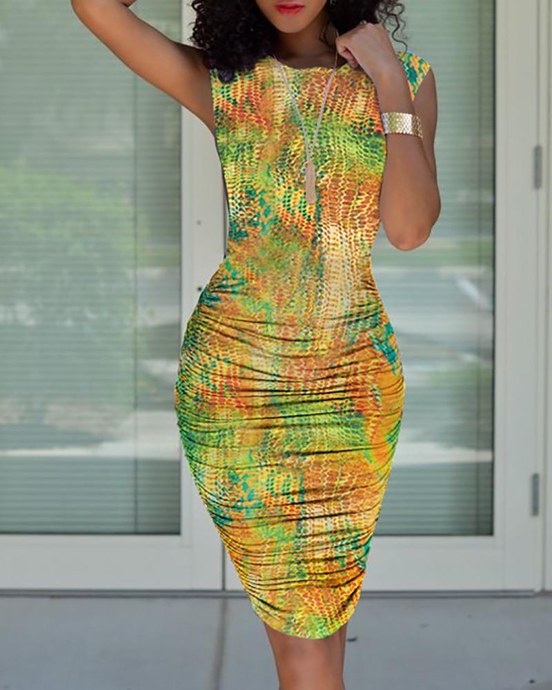 

Snakesin Pattern Print Ruched Sleeveless Dress, Green