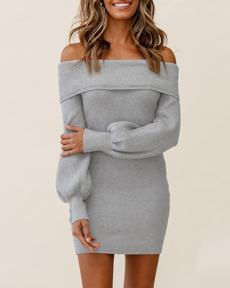 

Off Shoulder Lantern Sleeve Knit Bodycon Dress, Gray