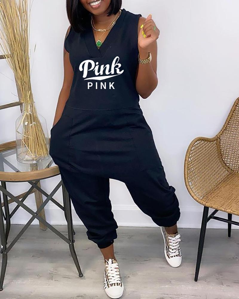 

Letter Print Pocket Design Sleeveless Jumpsuit, Black
