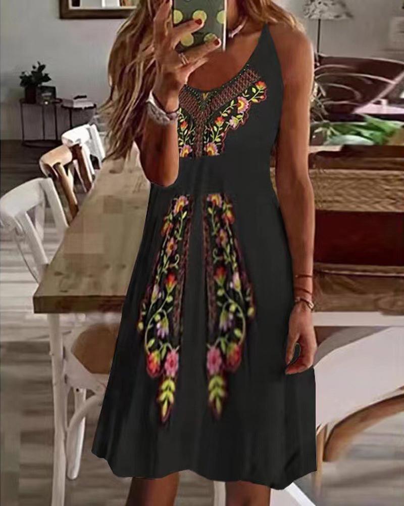 

Floral Print Spaghetti Strap Casual Dress, Black