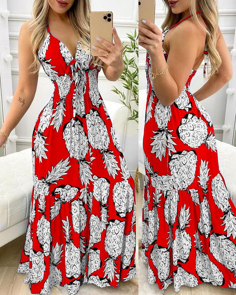 

Pineapple Print Halter Ruffle Hem Maxi Dress, Red