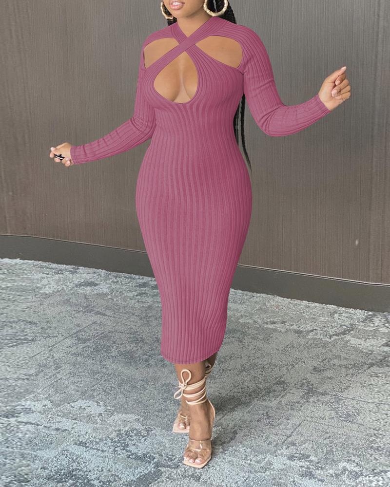 

Ribbed Cut Out Long Sleeve Skinny Dress, Pink
