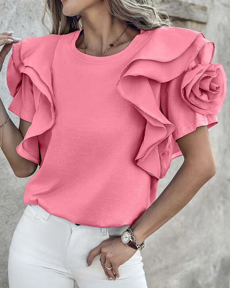 

Rose Detail Ruffle Hem Top, Pink